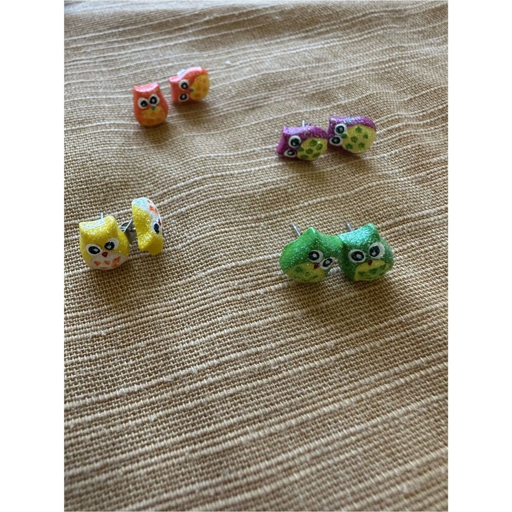Claire’s Colorful Glitter Owl Stud Earring Set - Green, Yellow, Purple, Orange